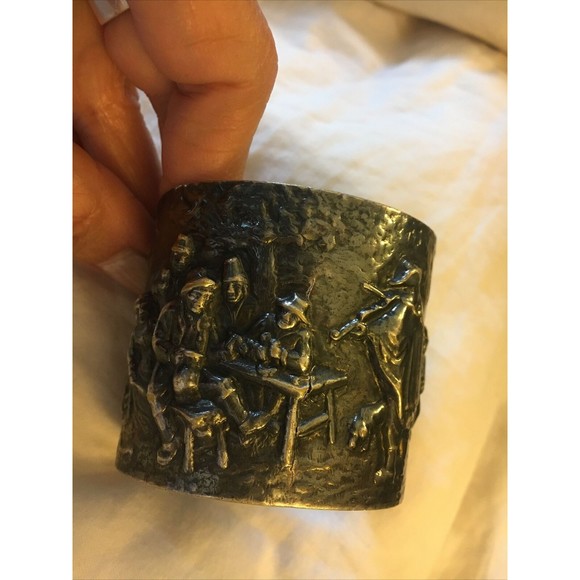 Vintage Hans Jensen Denmark Repousse Hammered Scene Silver Plated Cuff Bracelet - Picture 2 of 10